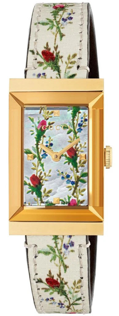 Gucci G-Frame Floral Mother of Pearl Dial White Leather Strap Watch - YA147407