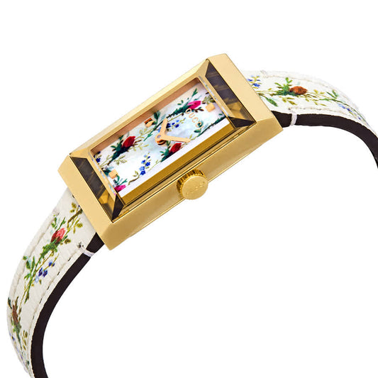 Gucci G-Frame Floral Mother of Pearl Dial White Leather Strap Watch - YA147407