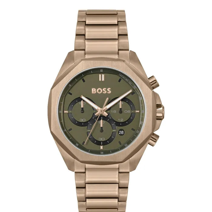 Hugo Boss Classic Chronograph Green Dial Beige Gold Steel Strap Watch  - 1514019