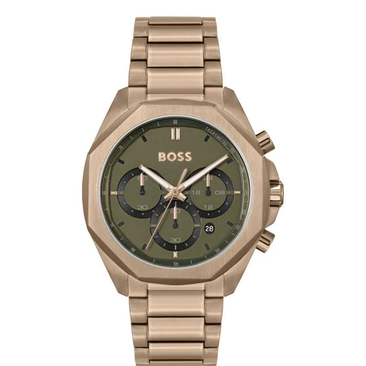 Hugo Boss Classic Chronograph Green Dial Beige Gold Steel Strap Watch  - 1514019