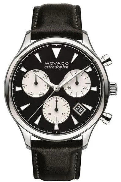 Movado Heritage Chronograph Black Dial Black Leather Strap Watch- 3650005