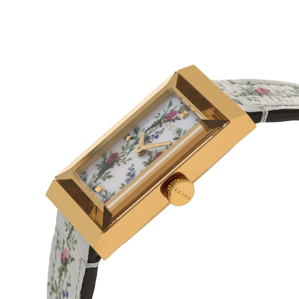 Gucci G-Frame Floral Mother of Pearl Dial White Leather Strap Watch - YA147407