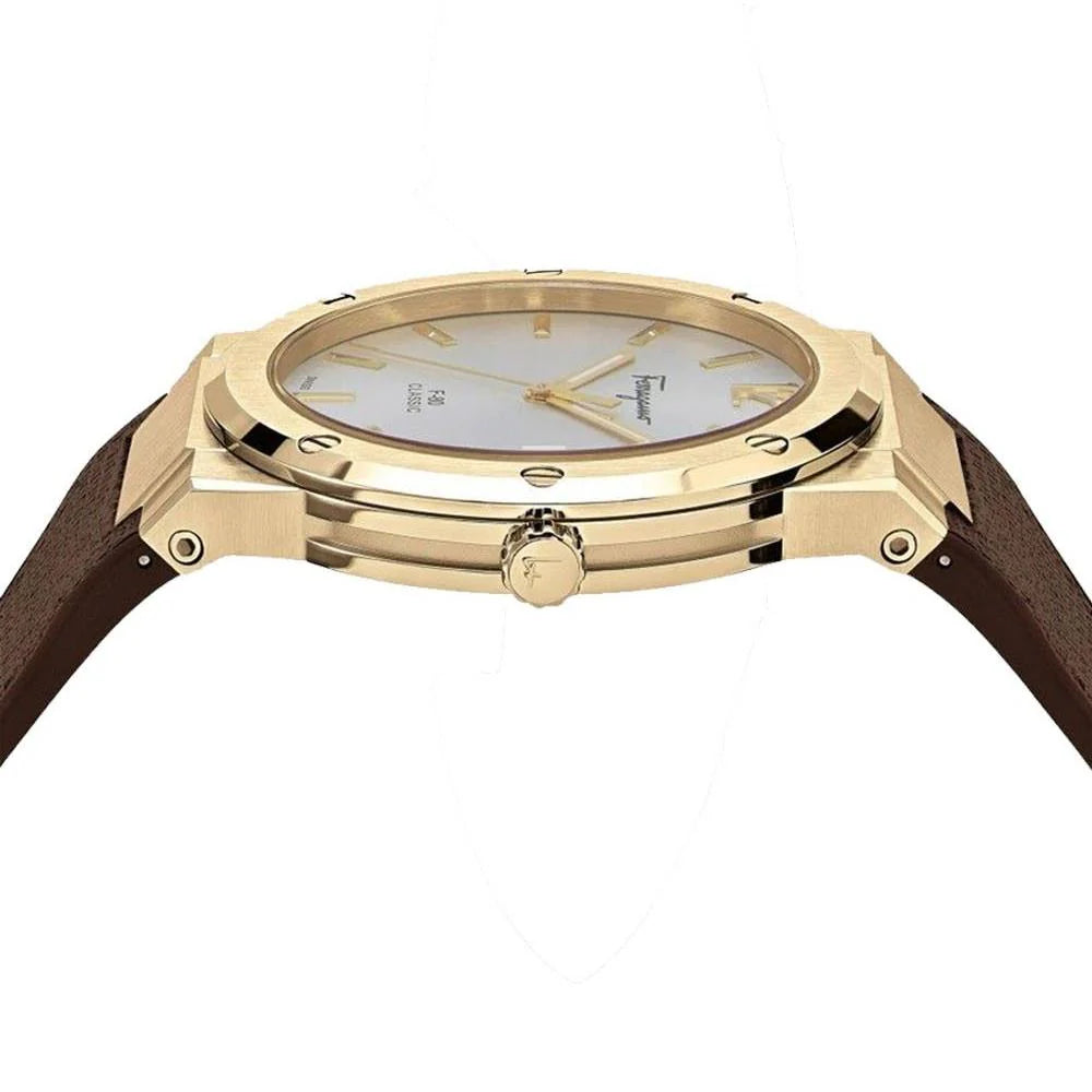 Salvatore Ferragamo F-80 Classic White Dial Brown Leather Strap Watch- SFDT00819