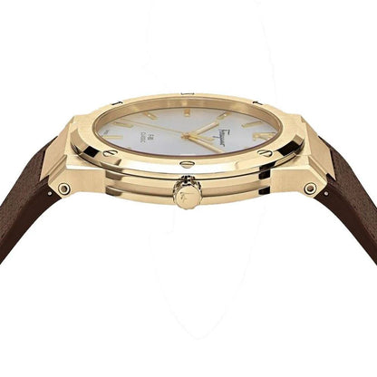 Salvatore Ferragamo F-80 Classic White Dial Brown Leather Strap Watch- SFDT00819