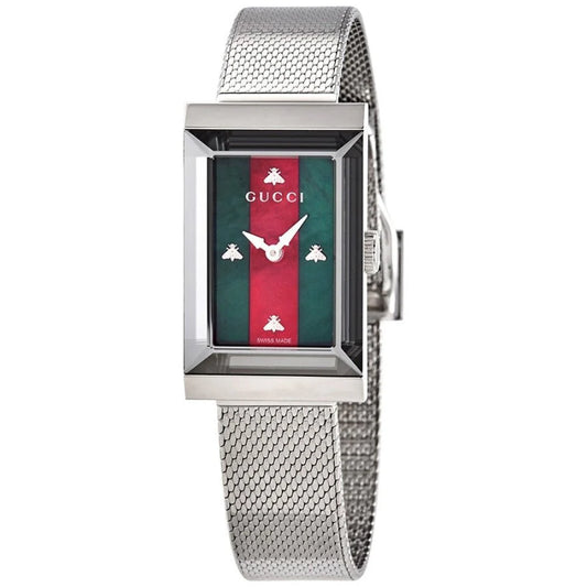 Gucci G Frame Red and Green Dial Silver Mesh Bracelet Watch - YA147401