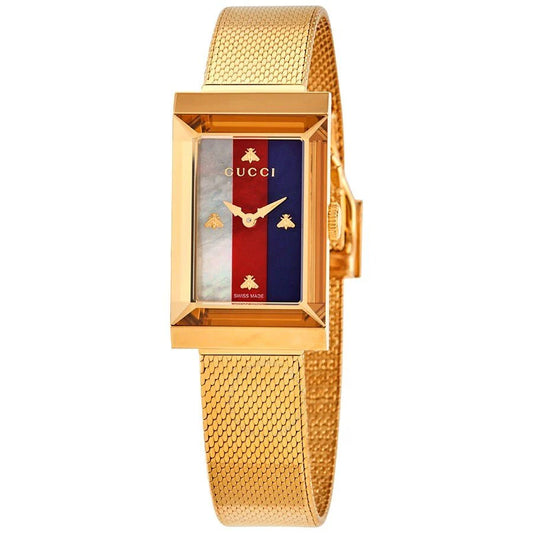 Gucci G-Frame Mother of Pearl Dial Yellow Gold Mesh Bracelet Watch - YA147410