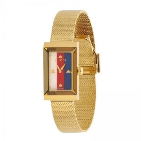 Gucci G-Frame Mother of Pearl Dial Yellow Gold Mesh Bracelet Watch - YA147410