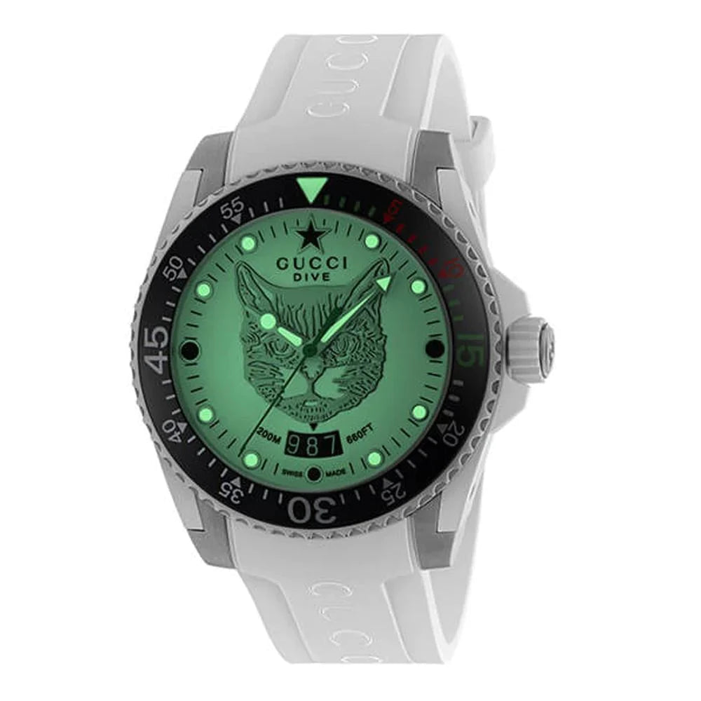 Gucci Dive Tiger White Dial White Rubber Strap Watch - YA136329