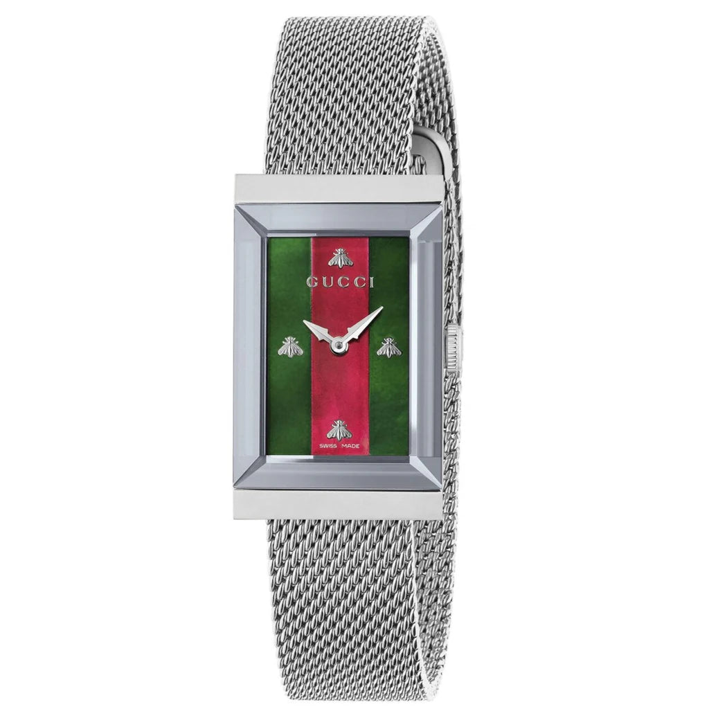 Gucci G Frame Red and Green Dial Silver Mesh Bracelet Watch - YA147401