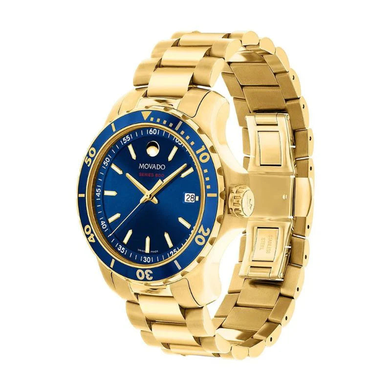 Movado Series 800 Blue Dial Gold Steel Strap Watch- 2600144