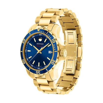 Movado Series 800 Blue Dial Gold Steel Strap Watch- 2600144