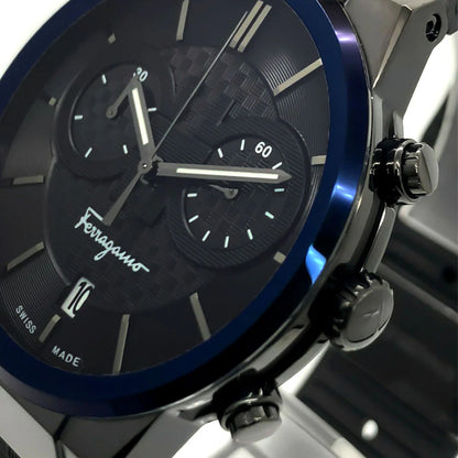 Salvatore Ferragamo Sapphire Chrono Black Dial Black Rubber Strap Watch- SFME00621