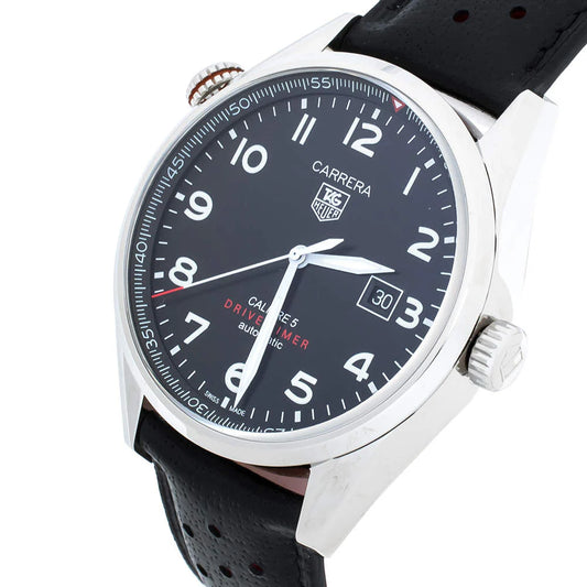 Tag Heuer Carrera Calibre 5 Drive Timer Black Dial Black Leather Strap Watch- WAR2A10.FC6337