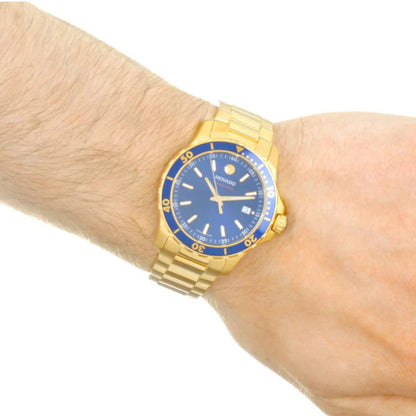 Movado Series 800 Blue Dial Gold Steel Strap Watch- 2600144