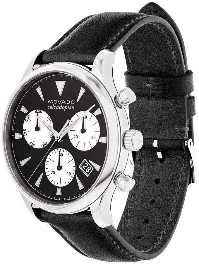 Movado Heritage Chronograph Black Dial Black Leather Strap Watch- 3650005