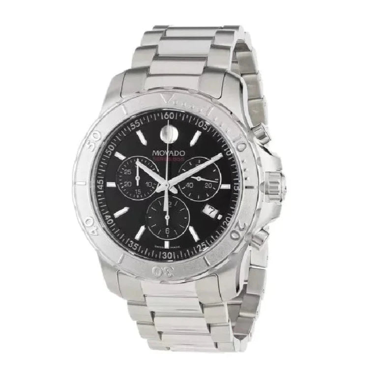 Movado Series 800 Chronograph Black Dial Silver Steel Strap Watch- 2600110