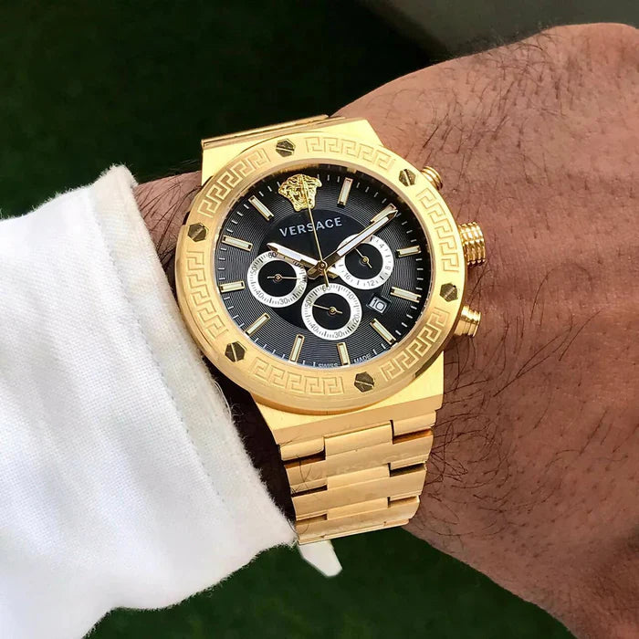 Versace Greca Chronograph Black Dial Gold Steel Strap Watch - VEZ900421