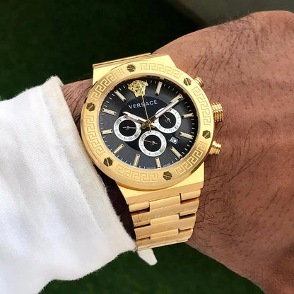Versace Greca Chronograph Black Dial Gold Steel Strap Watch - VEZ900421