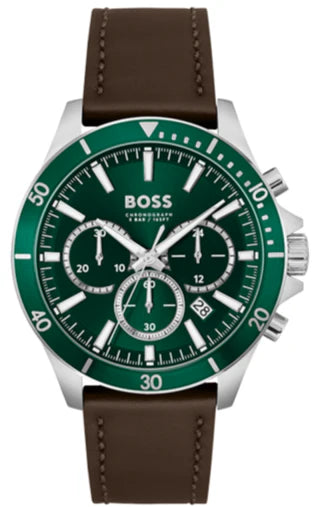 Hugo Boss Troper Chronograph Green Dial Brown Leather Strap Watch - 1514098