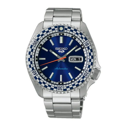 Seiko 5 Sports Petrol Blue Checker Flag Special Edition Blue Dial Silver Steel Strap Watch - SRPK65K1