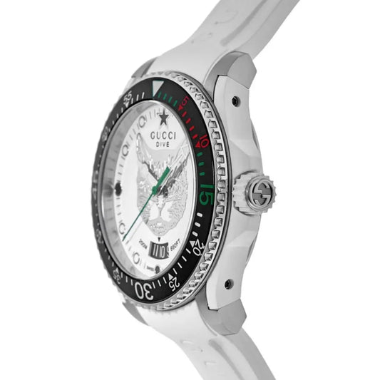 Gucci Dive Tiger White Dial White Rubber Strap Watch - YA136329