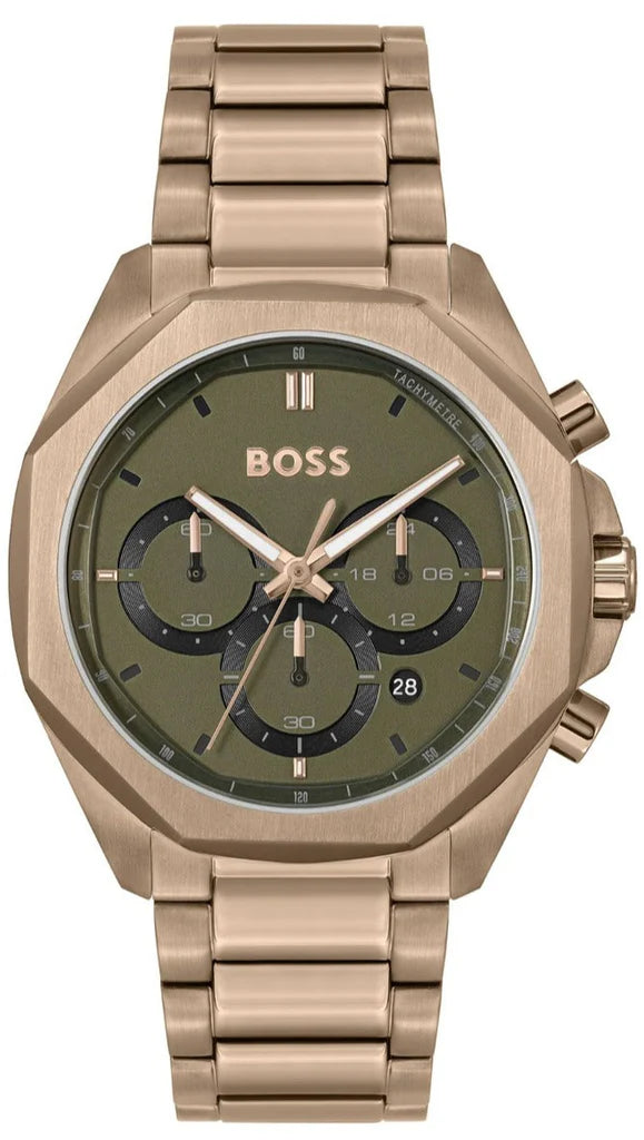 Hugo Boss Classic Chronograph Green Dial Beige Gold Steel Strap Watch  - 1514019