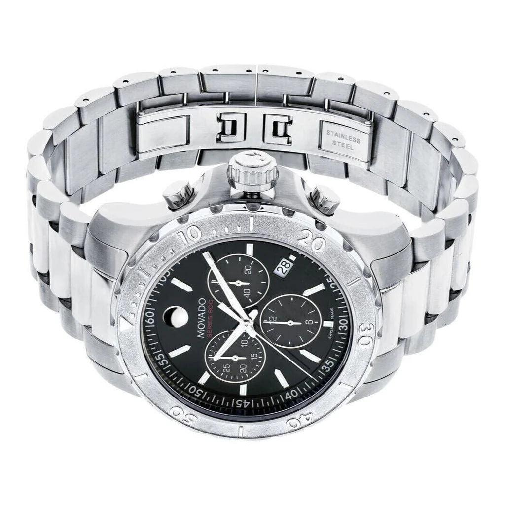 Movado Series 800 Chronograph Black Dial Silver Steel Strap Watch- 2600110
