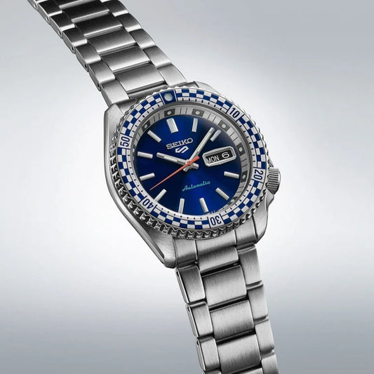 Seiko 5 Sports Petrol Blue Checker Flag Special Edition Blue Dial Silver Steel Strap Watch - SRPK65K1