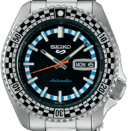 Seiko 5 Sports Checker Flag Special Edition Black Dial Silver Steel Strap Watch- SRPK67K1