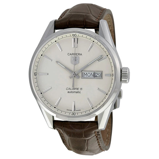 Tag Heuer Carrera Calibre 5 Automatic White Dial Brown Leather Strap Watch- WAR201B.FC6291