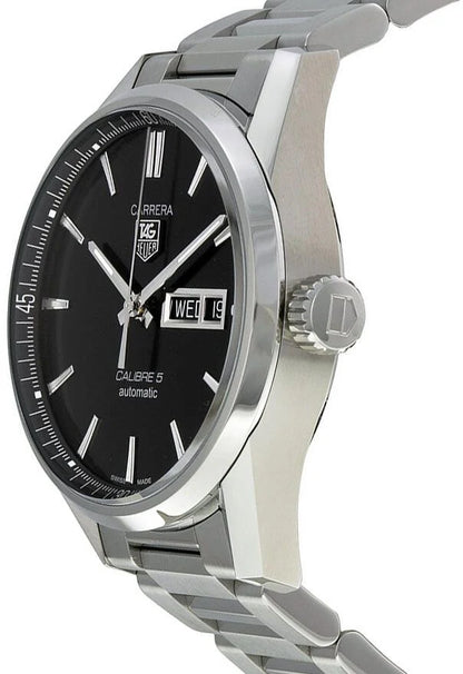 Tag Heuer Carrera Calibre 5 Automatic Black Dial Silver Steel Strap Watch - WAR201A.BA0723