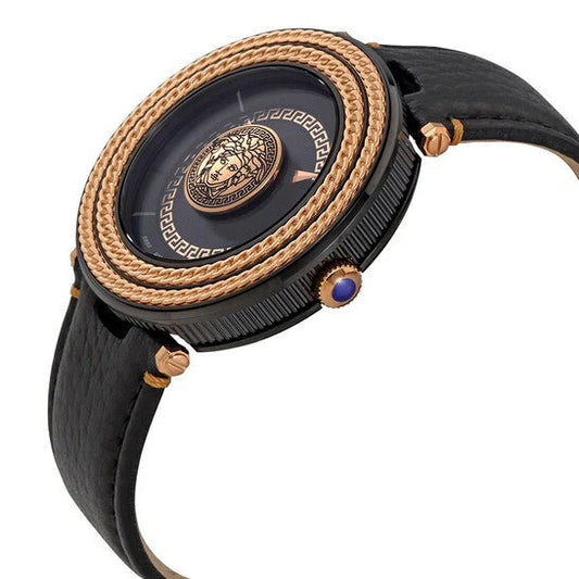 Versace V-Metal Icon Black Dial Black Leather Strap Watch- VQL030015