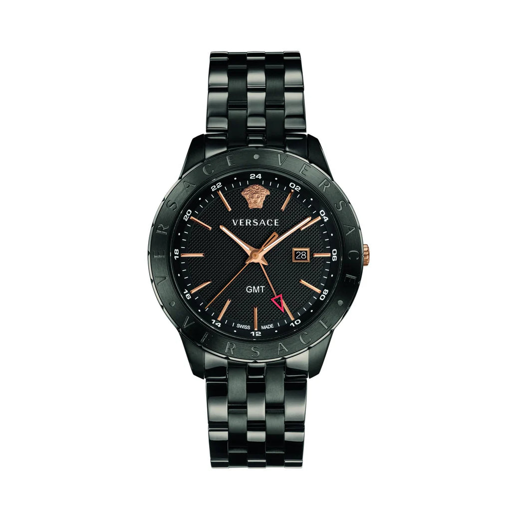 Versace Univers Quartz Black Dial Black Steel Strap Watch- VEBK00618
