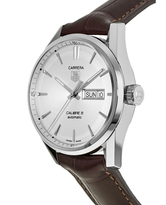 Tag Heuer Carrera Calibre 5 Automatic White Dial Brown Leather Strap Watch- WAR201B.FC6291