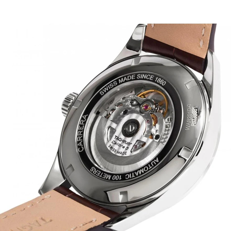 Tag Heuer Carrera Calibre 5 Automatic White Dial Brown Leather Strap Watch- WAR201D.FC6291