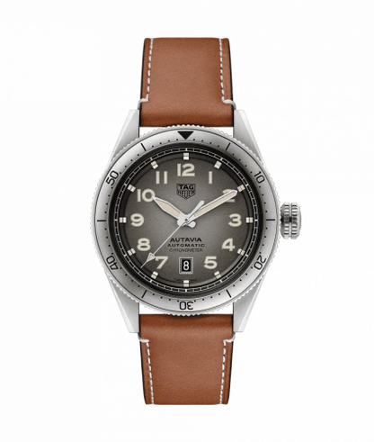 Tag Heuer Autavia Isograph Grey Dial Calfskin Brown Leather Strap Watch- WBE5111.FC8267