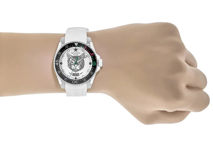 Gucci Dive Tiger White Dial White Rubber Strap Watch - YA136329