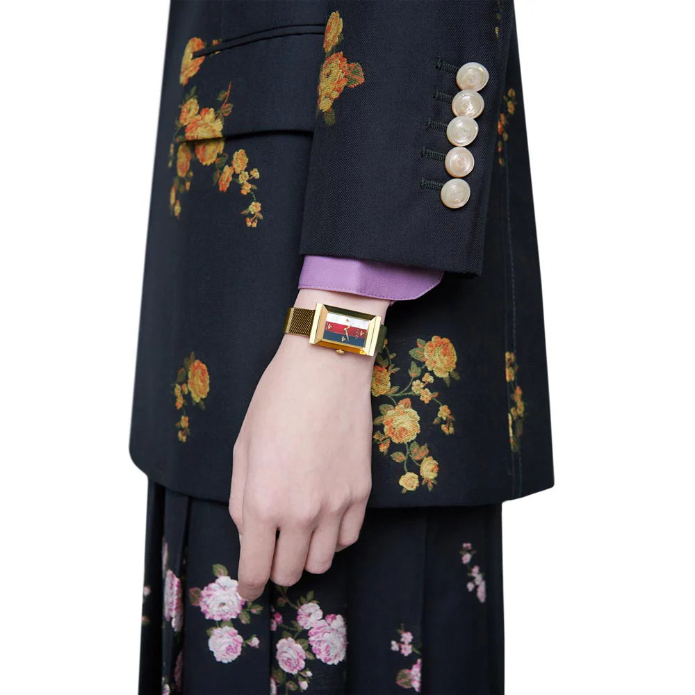 Gucci G-Frame Mother of Pearl Dial Yellow Gold Mesh Bracelet Watch - YA147410